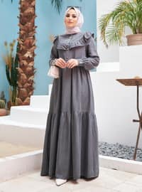 Frill Detailed Modest Dress Gray