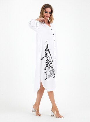 White - Printed - Point Collar - Unlined - Viscose - Modest Dress - By Saygı