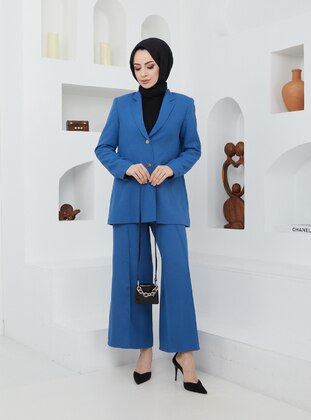 Blue - Unlined - Cotton - Double-Breasted - Suit - Efkeyem