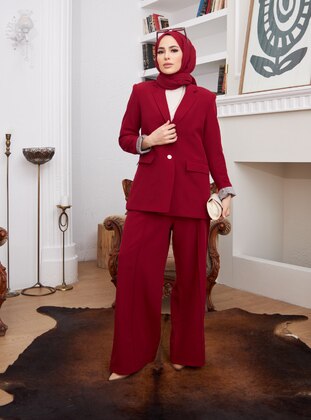 Maroon - Unlined - Cotton - Double-Breasted - Suit - Efkeyem