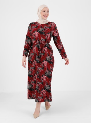 Maroon - Floral - Unlined - Crew neck - Plus Size Dress - GELİNCE