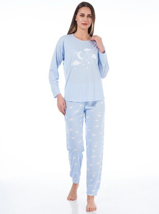 Blue - Crew neck - Multi - Pyjama Set - ESTİVA
