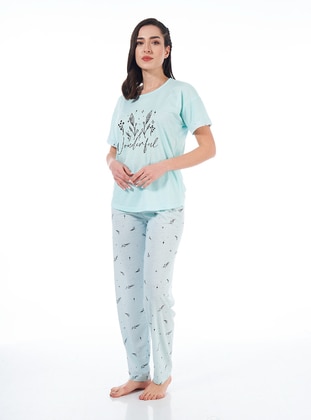 Floral Patterned Short Sleeve Viscose Pajama Set Mint