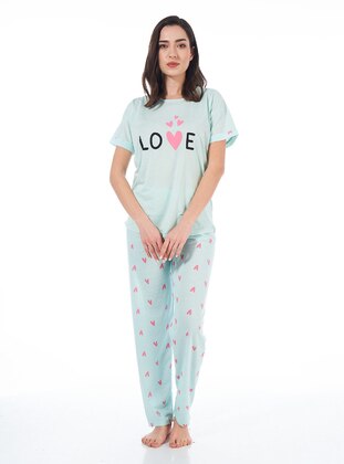 Heart Patterned Short Sleeve Viscose Pajama Set Mint