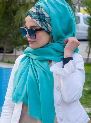 Checked Shirred Instant Practical Shawl Mint Instant Scarf
