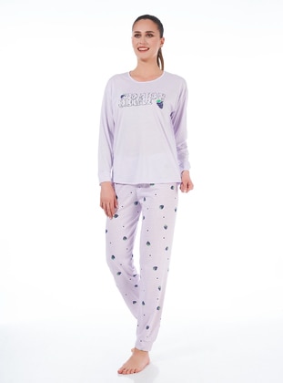 Grape Patterned Long Sleeve Viscose Pajama Set Lilac