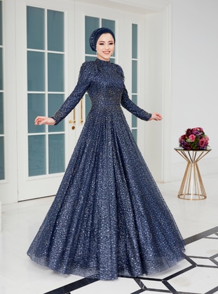 Navy Blue - Silvery - Fully Lined - Modest Evening Dress - Aslan Polat