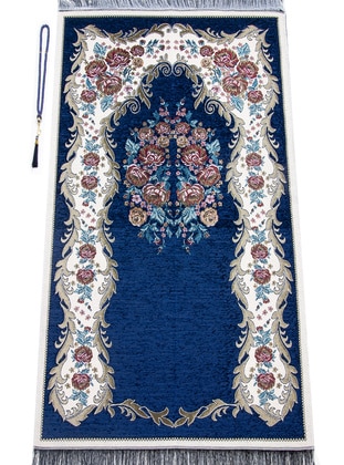 Luxury Chenille Prayer Rug Navy Blue With With A Rosary Tasbih Gift