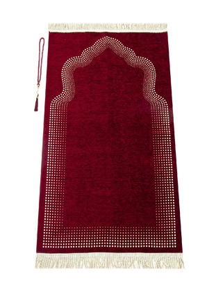 Mihrab Patterned Plain Chenille Prayer Rug - Burgundy