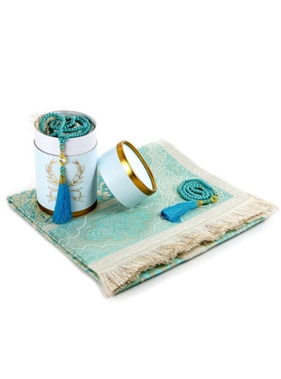Cylinder Box Blue, Prayer Rug, Gift Set With Pearl Rosary Tasbih