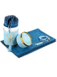 Mother'S Day Special Cylinder Box Set - With Pearl Rosary Tasbih - Cotton Patterned Mawlid Cover - Petrol Blue