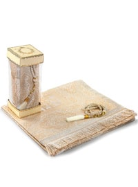 My Dear Mother Prayer Rug With Pearl Rosary Tasbih Set With Window Box - Cream