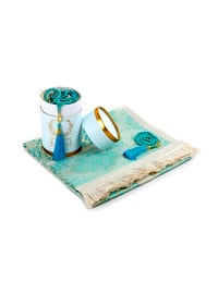 Special Cylinder Box Set With Prayer Rug And Pearl Rosary Tasbih - Blue