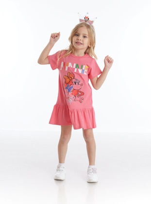 Printed - Crew neck - Unlined - Pink - Cotton - Girls` Dress - Minnie Mouse