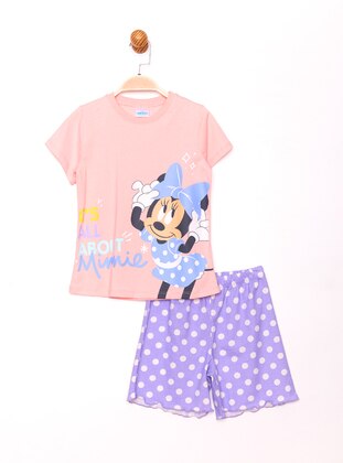 Printed - Crew neck - Unlined - Pink - Cotton - Girls` Suit - Minnie Mouse