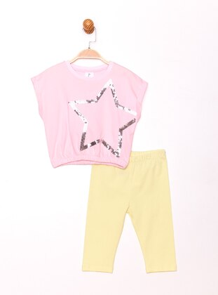 Printed - Crew neck - Unlined - Pink - Cotton - Girls` Suit - Panolino