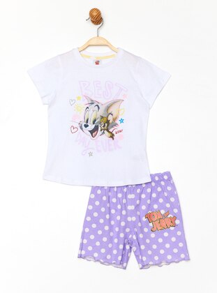 Printed - Crew neck - Unlined - White - Cotton - Girls` Suit - Tom & Jerry