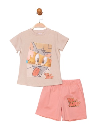 Printed - Crew neck - Unlined - Beige - Cotton - Girls` Suit - Tom & Jerry