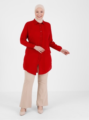 Red - Point Collar - Plus Size Tunic - GELİNCE