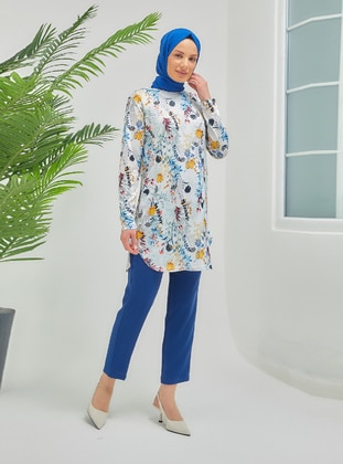 Blue - Floral - Crew neck - Cotton - Tunic - Topless