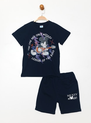 Printed - Crew neck - Navy Blue - Boys` Suit - MICKEY MOUSE