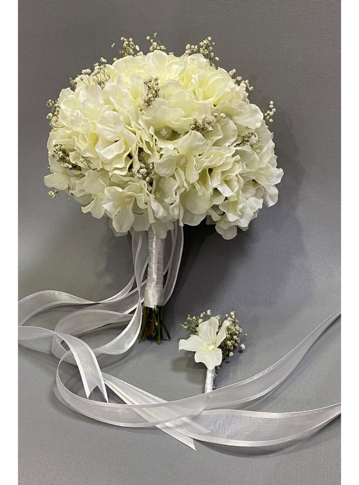 Cream-Beige World Model Hydrangea Bridal Bouquet Groom Boutonniere