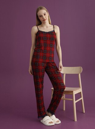 Red - Plaid - Pyjama Set - Tampap