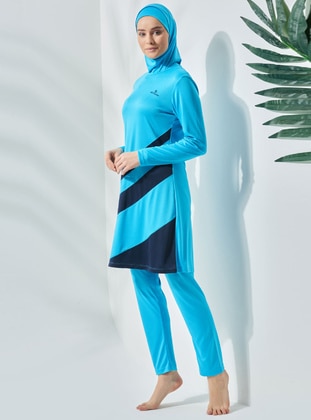 Turquoise - Multi - Fully Lined - Full Coverage Swimsuit Burkini - Allsea