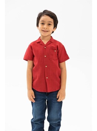 Red - Unlined - Cotton - Cuban Collar - Boys` Shirt - ELİŞ ŞİLE BEZİ