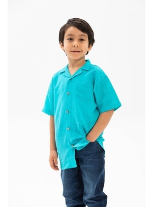 Turquoise - Unlined - Cotton - Cuban Collar - Boys` Shirt - ELİŞ ŞİLE BEZİ