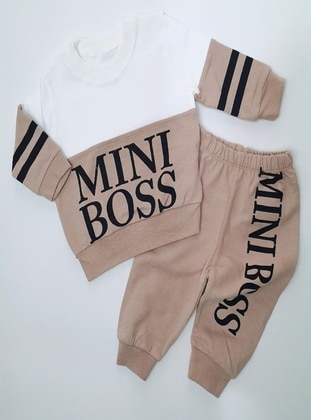 Printed - Crew neck - Unlined - Beige - Cotton - Baby Suit - MİNİPUFF BABY
