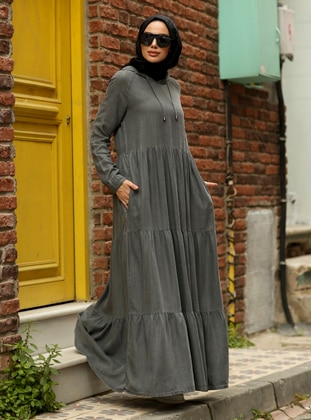 Hooded Tencell Fabric Modest Dress Gray