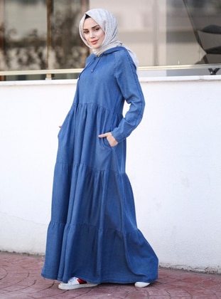 Hooded Tencell Fabric Modest Dress Dark Blue
