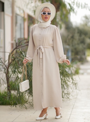 Front Cover Button Down Balloon Sleeve Belt Detailed Modest Dress Stone