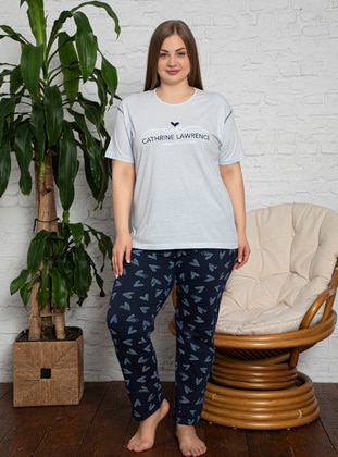 Blue - Multi - Plus Size Pyjamas - Fawn
