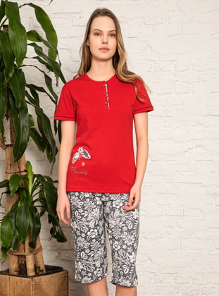 Red - Crew neck - Multi - Pyjama Set - Fawn