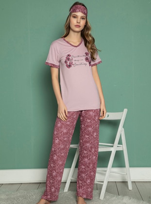 Lilac - V neck Collar - Multi - Pyjama Set - Fawn
