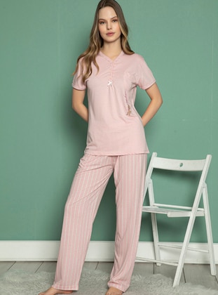 Pink - V neck Collar - Stripe - Pyjama Set - Fawn
