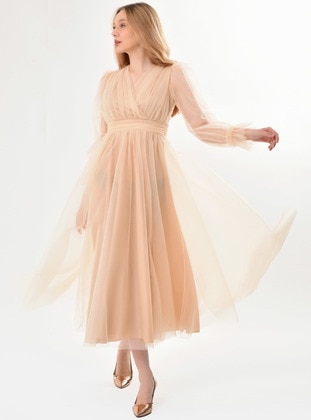 Double-Breasted Front Long Sleeve Tulle Evening Dresses Skin