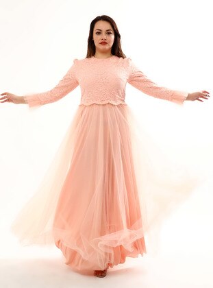 Salmon - Fully Lined - Crew neck - Modest Evening Dress - Asee`s