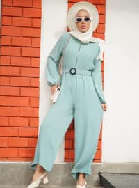Front Zippered Belt Detailed Jumpsuit Turquoise