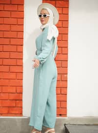 Front Zippered Belt Detailed Jumpsuit Turquoise