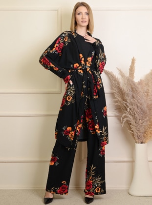 Large Floral Patterned Kimono Black Beige