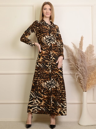 Tiger Patterned Shirt Modest Dress Brown Beige