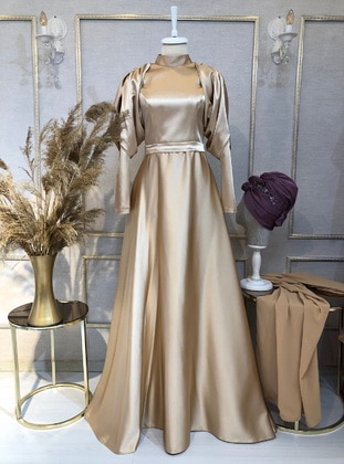 Gold - Fully Lined - Modest Evening Dress - Burak Baran Fashion