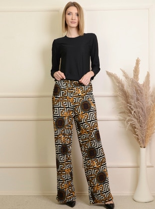 Ethnic Patterned Wide Leg Palazzo Pants Black And White