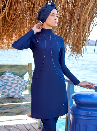 Dark Navy Blue - Full Coverage Swimsuit Burkini - Adasea