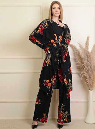 Floral Patterned Kimono & Pants Co-Ord Black