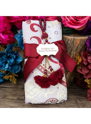 Gift Silk Satin Ottoman Patterned Prayer Rug, Pearl Rosary Tasbih, Plexi Ribbon Decorated Mawlid Set-Red