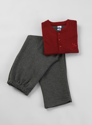 Maroon - Button Collar - Men's Pyjama Sets - AKBENİZ